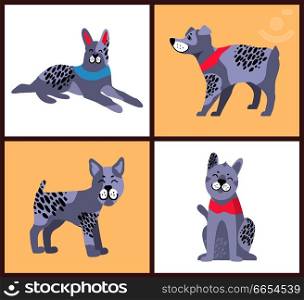 Dog with different poses, collection of poster with domestic pets that is in playful mood and symbol of approaching 2018 year on vector illustration. Dog with Different Poses on Vector Illustration