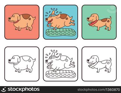Dog with normal weight and overweight, pet obesity drawing. The growing problem of obesity in dogs. Running on a treadmill, became happy and slim. Vector illustration isolated on white background.