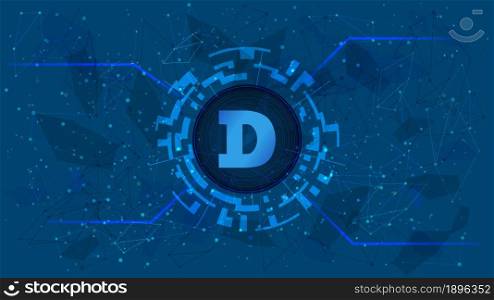 Dogecoin DOGE token symbol in digital circle with cryptocurrency theme on blue background. Cryptocurrency icon for banner or news. Vector illustration.