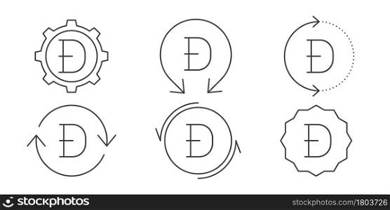 Dogecoin linear icons. Cryptocurrency sign variations. Digital cryptographic currency dogecoin. Vector illustration