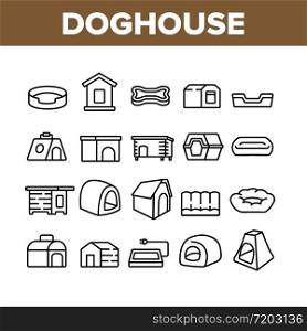 Doghouse Accessory Collection Icons Set Vector. Doghouse In Different Style, Container For transportation And Bed For Sleeping Animal Dog Concept Linear Pictograms. Monochrome Contour Illustrations. Doghouse Accessory Collection Icons Set Vector