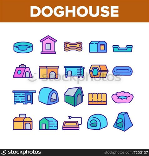 Doghouse Accessory Collection Icons Set Vector. Doghouse In Different Style, Container For transportation And Bed For Sleeping Animal Dog Concept Linear Pictograms. Color Illustrations. Doghouse Accessory Collection Icons Set Vector