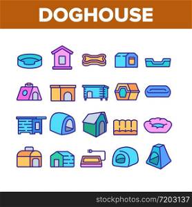 Doghouse Accessory Collection Icons Set Vector. Doghouse In Different Style, Container For transportation And Bed For Sleeping Animal Dog Concept Linear Pictograms. Color Illustrations. Doghouse Accessory Collection Icons Set Vector