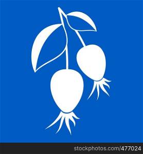 Dogrose berries branch icon white isolated on blue background vector illustration. Dogrose berries branch icon white