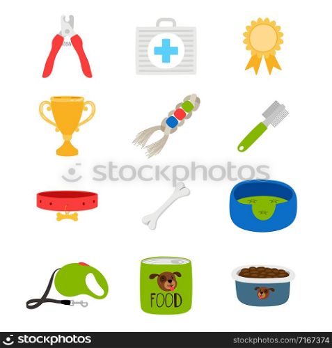 Dogs accessorises, food, toys, aid box vector icons. Illustration of accessory for care animal. Dogs accessorises, food, toys, aid box vector icons