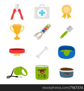 Dogs accessorises, food, toys, aid box vector icons. Illustration of accessory for care animal. Dogs accessorises, food, toys, aid box vector icons