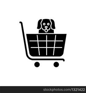 Dogs allowed supermarket, petshop black glyph icon. Doggy permitted shop, domestic animals welcome store. Happy puppy in shopping cart. Silhouette symbol on white space. Vector isolated illustration