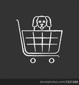 Dogs allowed supermarket, petshop chalk white icon on black background. Doggy permitted shop, domestic animals welcome store. Happy puppy in shopping cart. Isolated vector chalkboard illustration