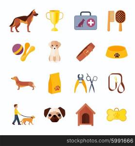 Dogs and accessories flat icons set. Pets icons set with shepherd dog and dachshund toys food and accessories flat abstract isolated vector illustration