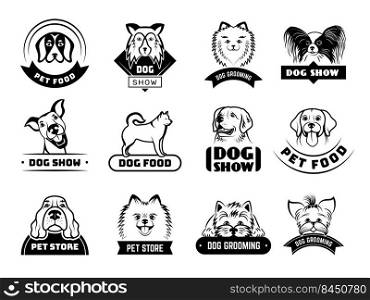 Dogs badges. Animals puppy domestic pets silhouettes stylized pictures with place for text dogs portraits recent vector templates collection. Illustration of dog veterinary logo and emblem. Dogs badges. Animals puppy domestic pets silhouettes stylized pictures with place for text dogs portraits recent vector templates collection