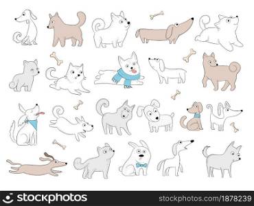 Dogs characters. Funny domestic animals playing puppy with toys friendly smile dogs vector pictures. Illustration domestic character dog, cute funny pet. Dogs characters. Funny domestic animals playing puppy with toys friendly smile dogs vector pictures