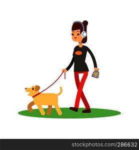 Dogs clean walking concept - girl walks dog isolated on white. Vector walking with dog illustration. Dogs clean walking concept - girl walks dog isolated on white