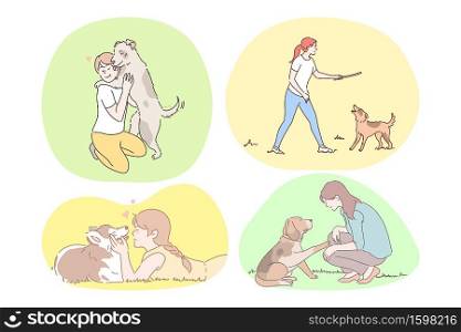 Dogs companionship and friendship concept. Set of happy boys and girls training, teaching, walking and enjoying company of dogs and puppies outdoors in summer isolated over white. Set of happy young people training, walking and enjoying company of dogs