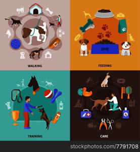 Dogs design concept with four square compositions of pet and human characters toys awards and veterinary vector illustration. Dogs Life Design Concept
