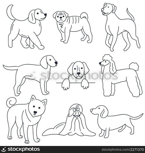 Dogs doodle set. Pets hand drawn collection. Outline drawing animals isolated vector illustration. Dogs doodle set