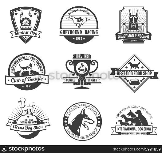 Dogs emblem set. Dogs emblem black set with show and championship awards isolated vector illustration