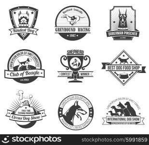 Dogs emblem set. Dogs emblem black set with show and championship awards isolated vector illustration