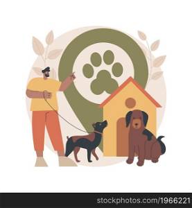 Dogs friendly place abstract concept vector illustration. Dog friendly restaurant, special area for dogs free walking, welcome sign, hotel accepting animals, shopping with pet abstract metaphor.. Dogs friendly place abstract concept vector illustration.