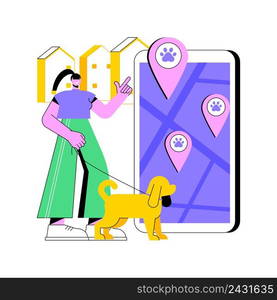 Dogs friendly place abstract concept vector illustration. Dog friendly restaurant, special area for dogs free walking, welcome sign, hotel accepting animals, shopping with pet abstract metaphor.. Dogs friendly place abstract concept vector illustration.