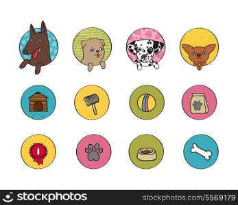 Dogs icons set of pets booth food and bone isolated vector illustration