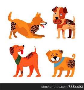 Dogs images collection, representing icons of different breeds canine animals, four spotted puppies on vector illustration isolated on white. Dogs Images Collection on Vector Illustration