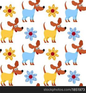 Dogs in colored overalls and flowers, vector illustration. Seamless pattern with pets. Background with cute animals. Template for wallpaper and fabric.. Dogs in colored overalls and flowers, vector illustration.