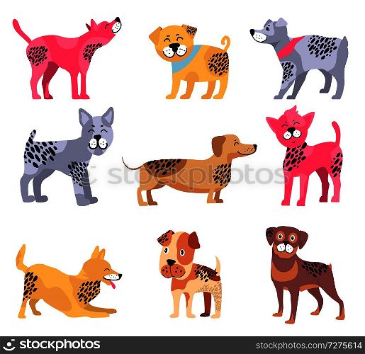 Dogs of different breeds icons isolated on white background. Vector illustration with dachshund surrounded by rottweiler, beagle and playing akita. Dogs of Different Breeds Icons Vector Illustration