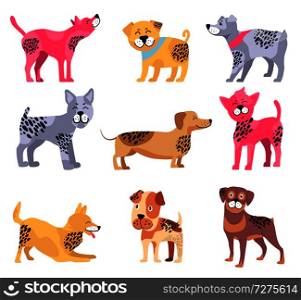 Dogs of different breeds icons isolated on white background. Vector illustration with dachshund surrounded by rottweiler, beagle and playing akita. Dogs of Different Breeds Icons Vector Illustration