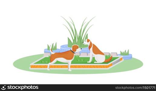 Dogs on lawn flat color vector character. Cute puppy in backyard garden. Domestic animal walk outside. Pet sitting isolated cartoon illustration for web graphic design and animation. Dogs on lawn flat color vector character