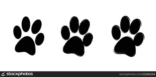 Dogs or cats paws symbol. Cartoon dog or cat footprint, Funny vector dog or cat signs. Lovers silhouette. Animals day. Funny footsteps or steps.