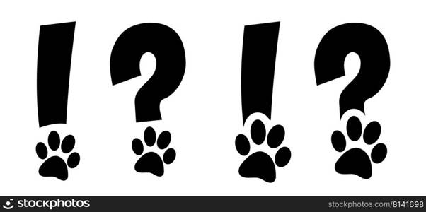 Dogs or cats silhouette, animals footprints. Vector foot pictogram. Print for dog or cat. paw sign. Question mark, exclamation point with footprint.