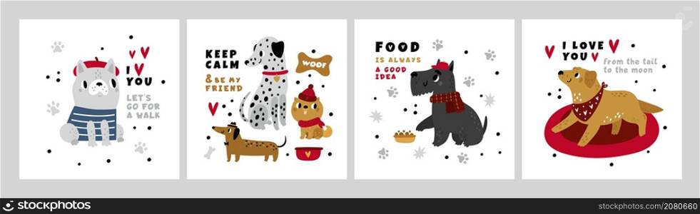 Dogs posters. Funny pets square cards, different breeds cute puppies, accessories and clothing, funny bulldog and dachshund, terrier and labrador with text, vector cartoon flat style isolated set. Dogs posters. Funny pets square cards, different breeds cute puppies, accessories and clothing, funny bulldog and dachshund, terrier and labrador, vector cartoon flat isolated set