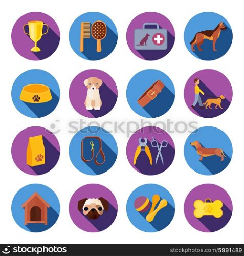 Dogs round flat icons set. Dogs with food veterinary kit and accessories flat round with slant shadow icons set vector isolated illustration