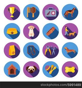 Dogs round flat icons set. Dogs with food veterinary kit and accessories flat round with slant shadow icons set vector isolated illustration
