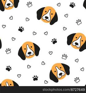 Dogs seamless pattern with face of Beagle. Texture with dog heads. Hand drawn vector illustration in doodle style on white background.. Dogs seamless pattern with face of Beagle. Texture with dog heads. Hand drawn vector illustration in doodle style on white background