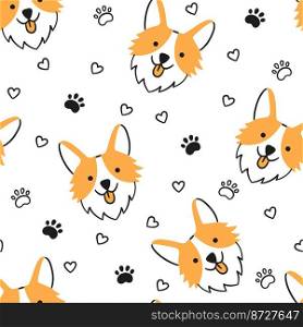 Dogs seamless pattern with face of Corgi. Texture with dog heads. Hand drawn vector illustration in doodle style on white background.. Dogs seamless pattern with face of Corgi. Texture with dog heads. Hand drawn vector illustration in doodle style on white background