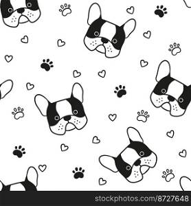 Dogs seamless pattern with face of French bulldog. Texture with dog heads. Hand drawn vector illustration in doodle style on white background.. Dogs seamless pattern with face of French bulldog. Texture with dog heads. Hand drawn vector illustration in doodle style on white background