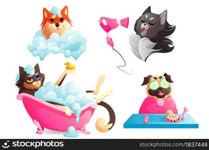 Dogs spa and grooming service, funny puppies enjoying salon procedures, pets drying hair with fan, manicure nails care, doggy take bath in tub with shampoo bubbles. Animals hygiene Cartoon vector set. Dogs spa and grooming service, funny puppies set