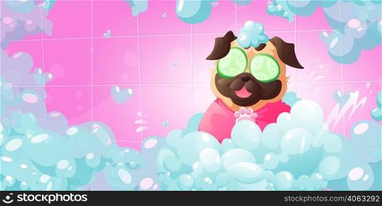 Dogs spa and pets grooming service concept. Funny pug puppy with cucumber slices on eyes and foam on head enjoying salon procedures take bath in tub with shampoo bubbles Cartoon vector illustration. Dogs spa and pets care grooming service concept