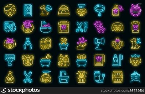 Dogs spa icons set outline vector. Shower grooming. Animal spa vector neon. Dogs spa icons set outline vector. Shower grooming vector neon