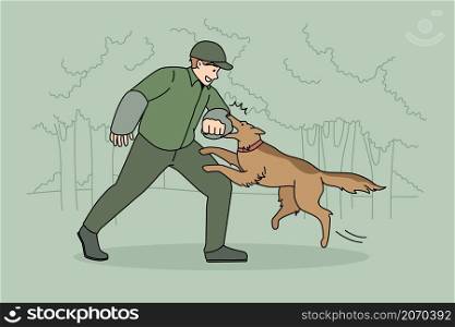 Dogs training and education concept. Young man pet owner or trainer handler training dog outdoors in park feeling playful vector illustration . Dogs training and education concept.
