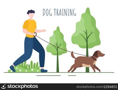 Dogs Training Center at Playground with Instructor Teaching Pets or Play for Tricks and Jumping Skills in Flat Cartoon Background Illustration