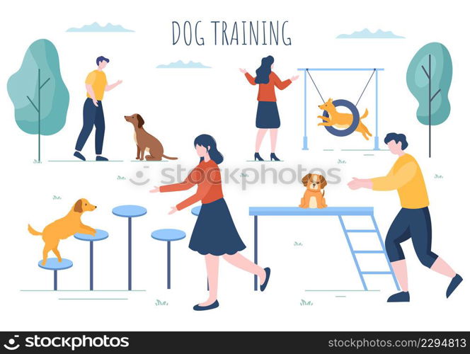 Dogs Training Center at Playground with Instructor Teaching Pets or Play for Tricks and Jumping Skills in Flat Cartoon Background Illustration