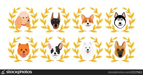 Dogs winner avatars. Diverse breeds portraits in golden wreaths. Cute cartoon dog, corgi doberman shepherd vector set. Dogs winner avatars