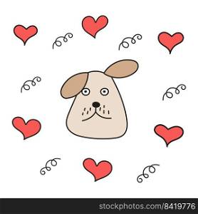 Dogs with beige hearts in style of doodles. Vector isolated image for use in design of children’s print or website themes. Dogs with beige hearts in style of doodles