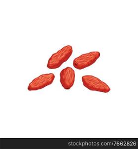 Dogwood dried fruits, dry berry food and sweet dessert, vector isolated icon. Dried dogwood berries, fruity sweet dessert, vegetarian natural organic food, drink and culinary ingredient. Dogwood dried fruits, dry berry food sweet dessert