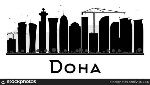 Doha City skyline black and white silhouette. Vector illustration. Simple flat concept for tourism presentation, banner, placard or web site. Business travel concept. Cityscape with landmarks