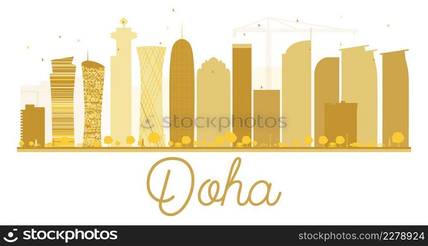 Doha City skyline golden silhouette. Vector illustration. Simple flat concept for tourism presentation, banner, placard or web site. Business travel concept. Cityscape with landmarks
