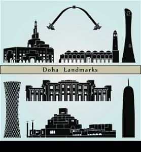 Doha landmarks and monuments isolated on blue background in editable vector file