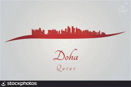Doha skyline in red and gray background in editable vector file
